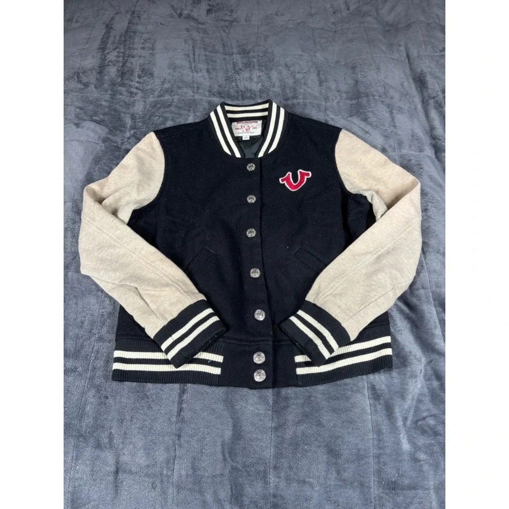 True Religion Kids Varsity Jacket Black‎ Cream Wool Blend Bomber Logo Large L/G